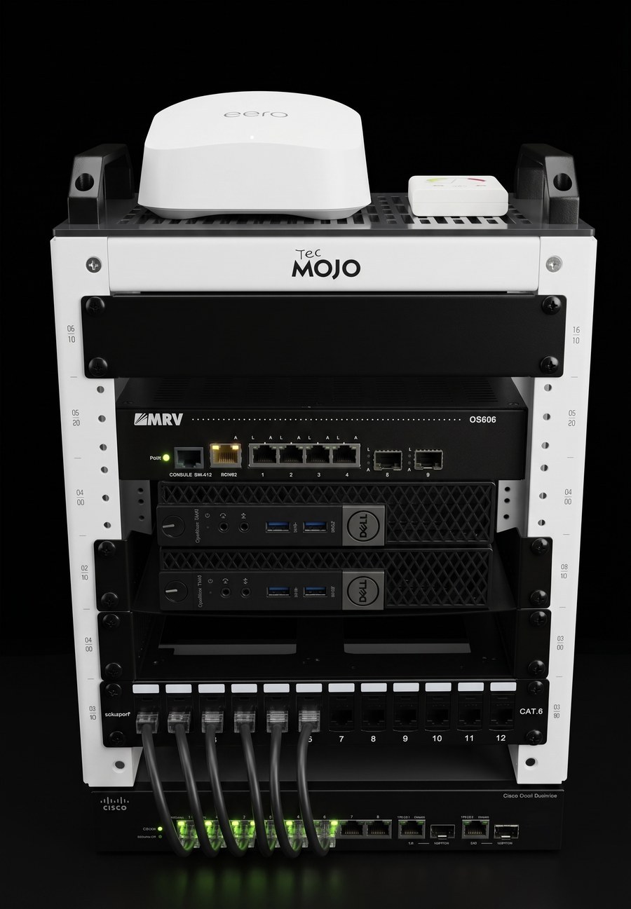 Rushi’s homelab rack with an eero node and LED controller on top, an MRV OS606 optical switch, two Dell OptiPlex Proxmox nodes, a CAT6 patch panel, and a Cisco SG300-10 switch